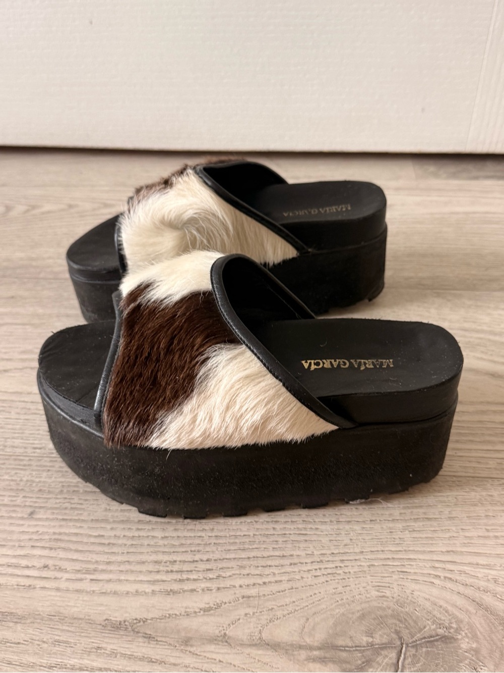 Leather Platform Slide Sandals with Two-Tone Fur Strap